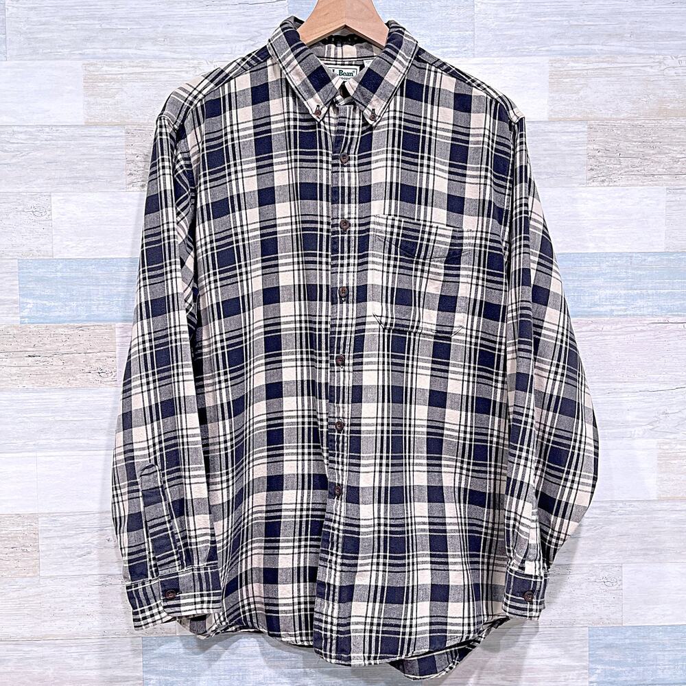 LL Bean Northwoods Flannel Button Down Shirt Black Beige Plaid VTG Mens Large